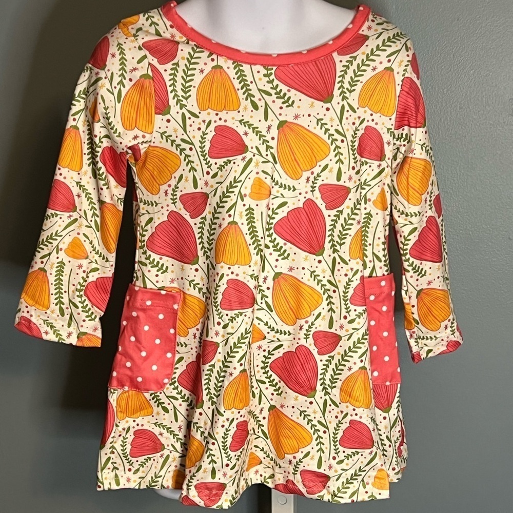 Pete and Lucy Tulips Floral red orange green and white long sleeve dress